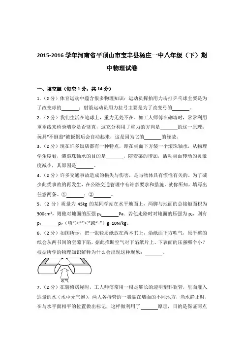 2016年河南省平顶山市宝丰县杨庄一中八年级(下)期中物理试卷及参考答案