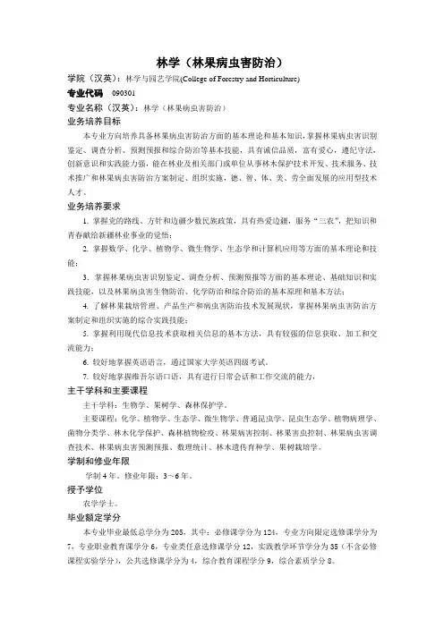 林学(林果病虫害防治)专业培养方案