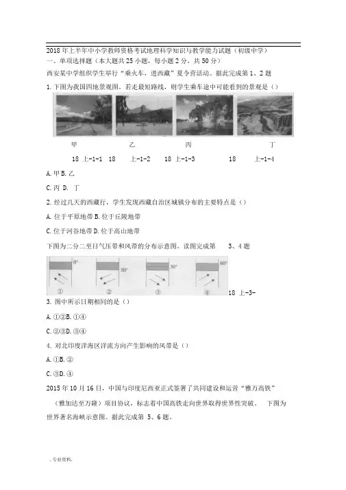 2018年上半年中小学教师资格考试初中地理真题版
