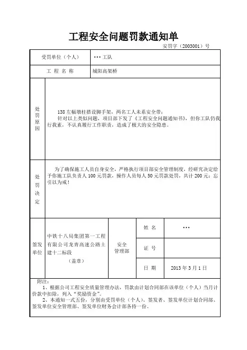 工程安全问题罚款通知单