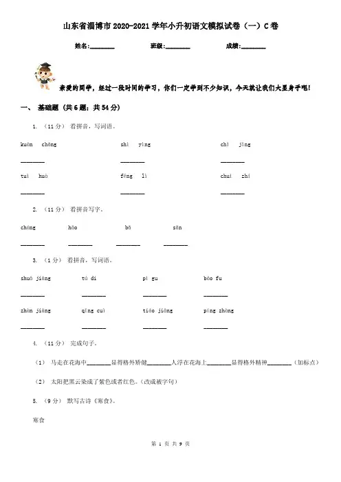 山东省淄博市2020-2021学年小升初语文模拟试卷(一)C卷