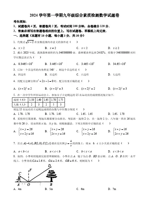 浙江省温州市第二中学2024-2025学年九年级上学期开学考试数学试题(无答案)