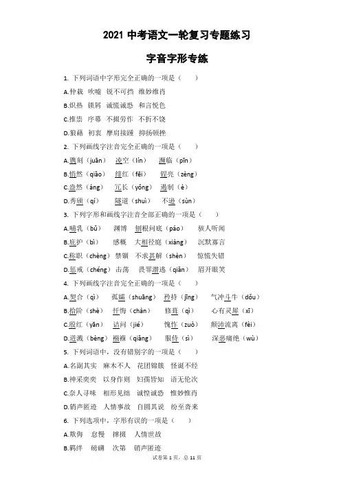 2021年中考语文一轮复习专题练习：字音字形专练