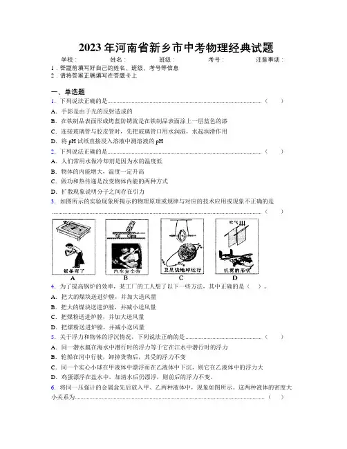 最新2023年河南省新乡市中考物理经典试题附解析