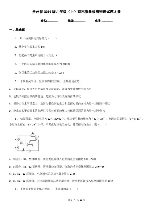 贵州省2019版九年级(上)期末质量检测物理试题A卷