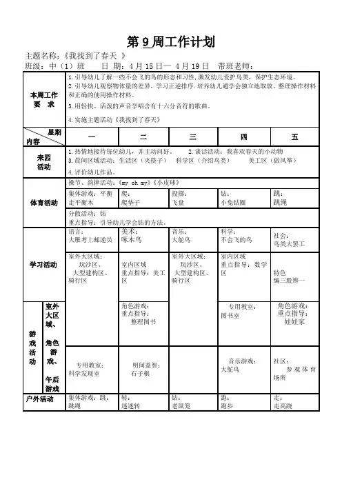 幼儿园中班下学期第9周 周工作计划与反思