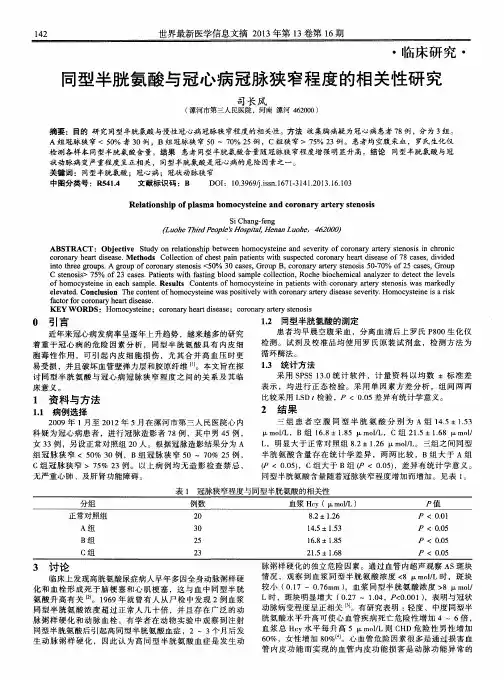 同型半胱氨酸与冠心病冠脉狭窄程度的相关性研究