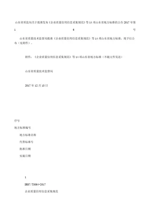 山东省质监局关于批准发布《企业质量信用信息采集规范》等项山东省地方标准的公告 第号