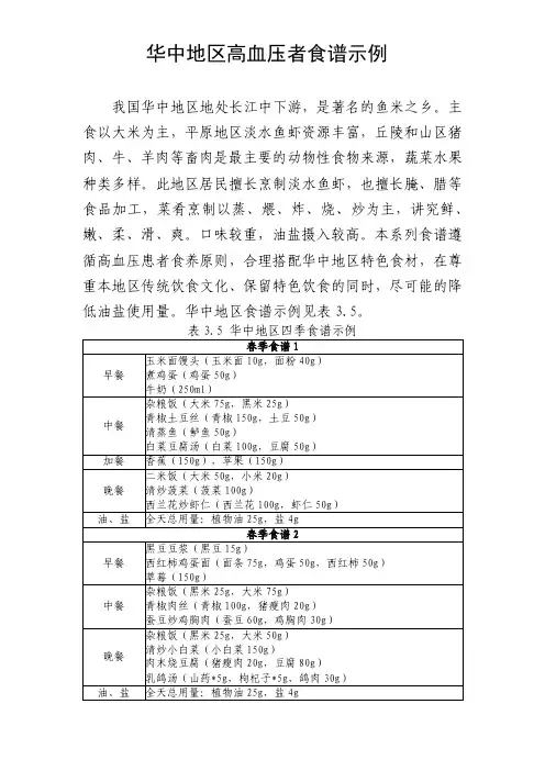 华中地区高血压者食谱示例