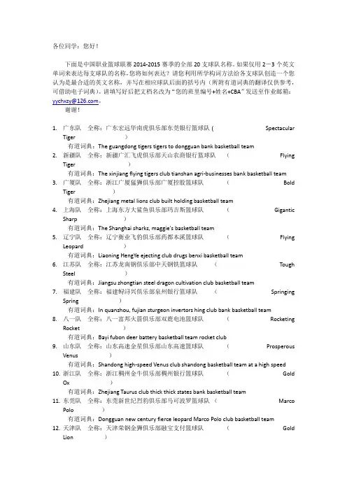 为中国各篮球队球队写英文名字