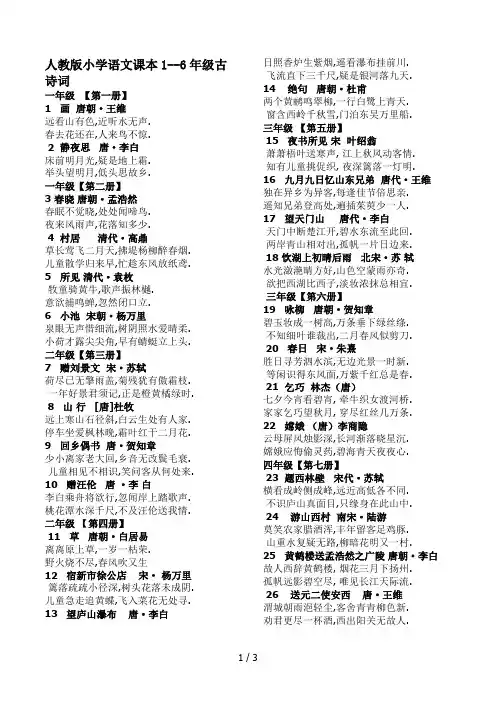 最新人教版小学语文课本1--6年级古诗词