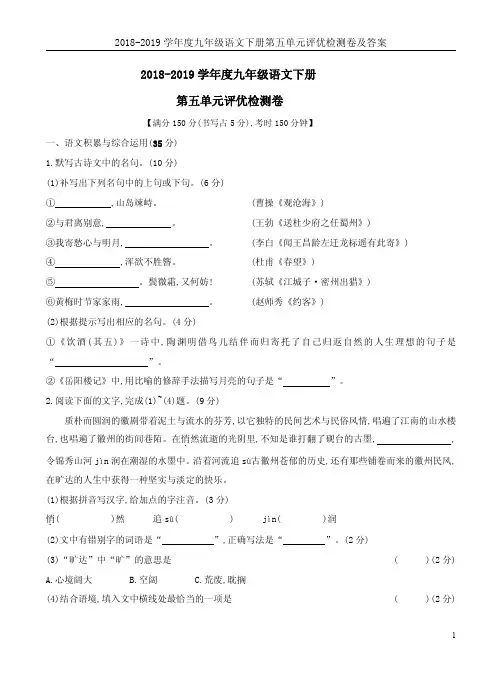 2018-2019学年度九年级语文下册第五单元评优检测卷及答案