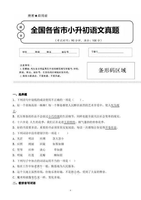 【小升初】2020年内蒙古赤峰市小升初语文毕业会考试题含答案(全网唯一)
