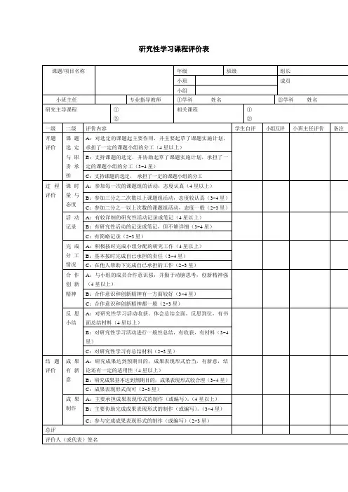 研究性学习课程评价表