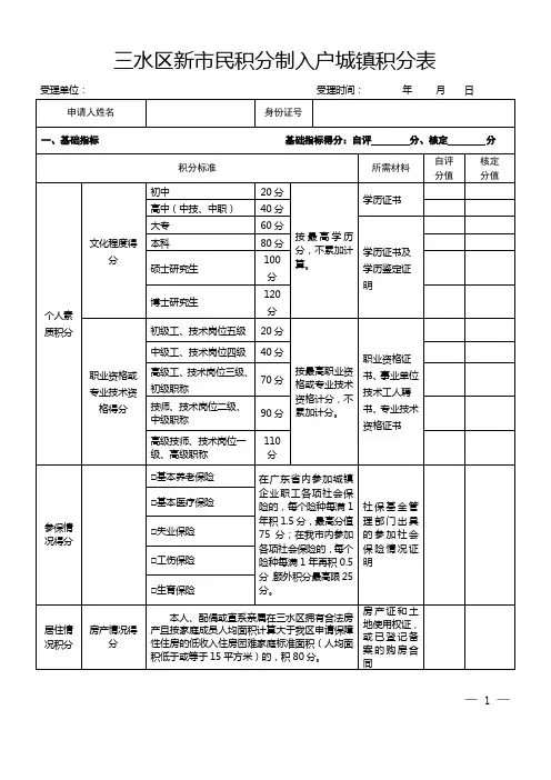 三水区新市民积分制入户城镇积分表