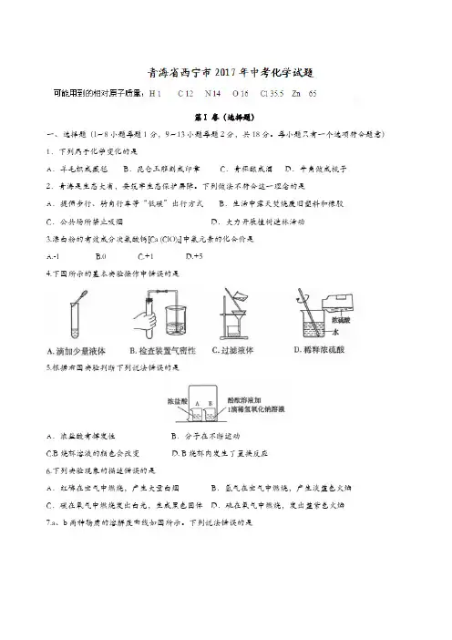2017年西宁市中考化学试卷及答案
