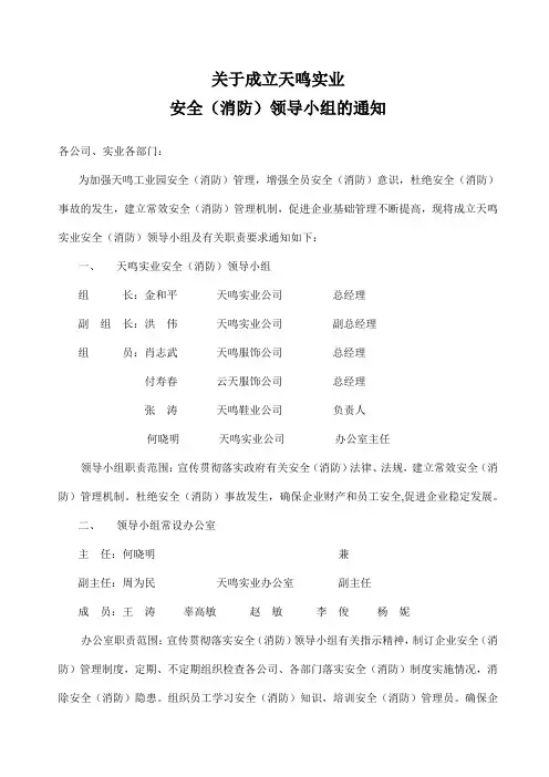 关于成立安全领导小组的通知