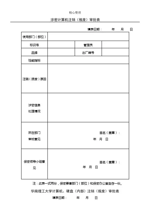 涉密计算机注销(报废)审批表格模板