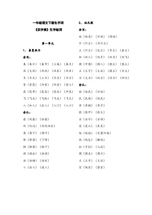 部编版一年级语文下册生字词《识字表》生字组词(全册)