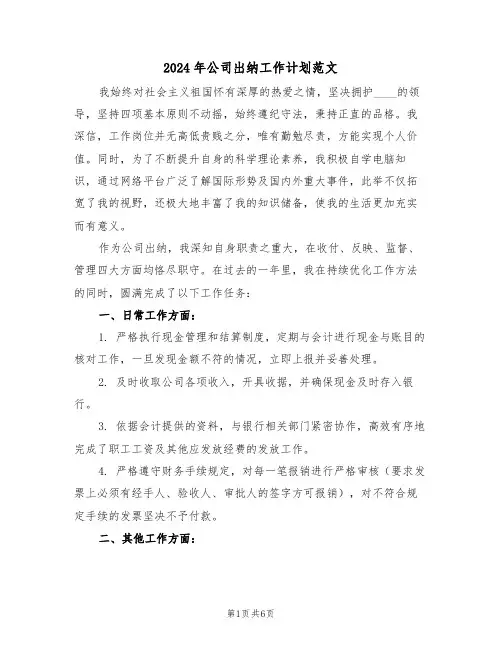 2024年公司出纳工作计划范文（三篇）