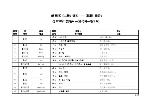 新HSK3级词汇(韩语版,拼音、词性、例句)
