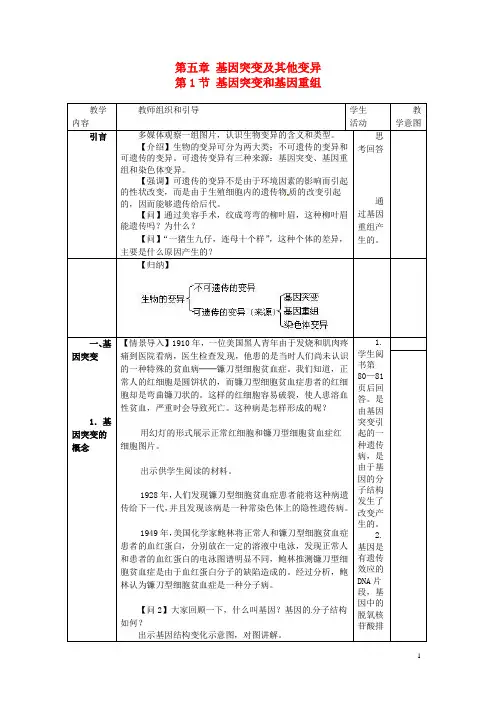 高中生物 第5章第1节 基因突变和基因重组教案 新人教版必修2
