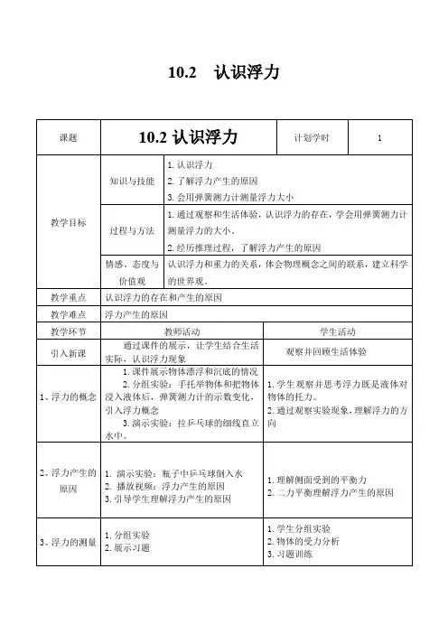 初中物理_认识浮力教学设计学情分析教材分析课后反思