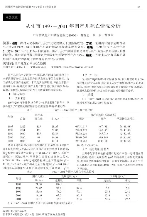 从化市1997～2001年围产儿死亡情况分析