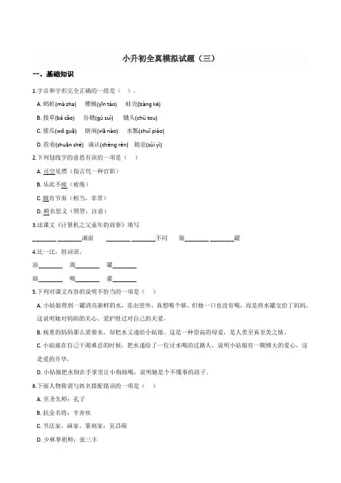 六年级下册语文试题--名校小升初全真模拟试题(三) 人教新课标  含答案