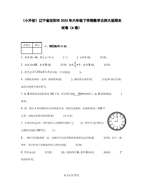 (小升初)辽宁省沈阳市2023年六年级下学期数学北师大版期末试卷合集AB卷(含答案)