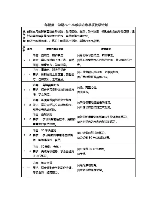 小学一年级走和跑单元教学计划