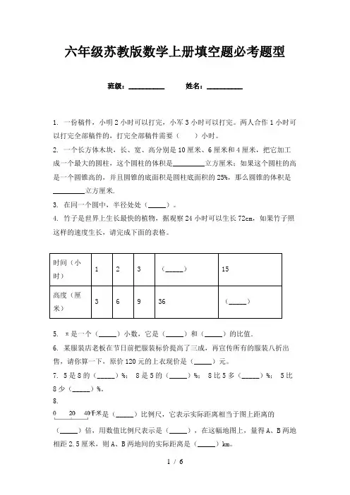 六年级苏教版数学上册填空题必考题型