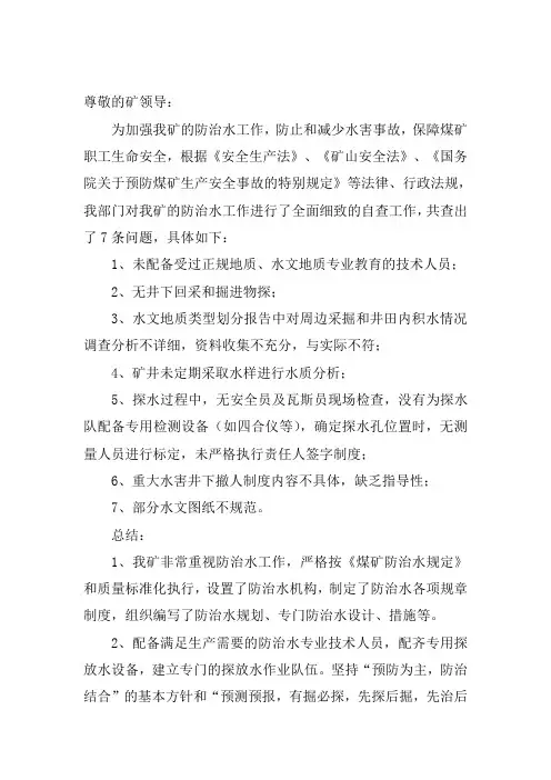 西易煤矿防治水工作自查报告