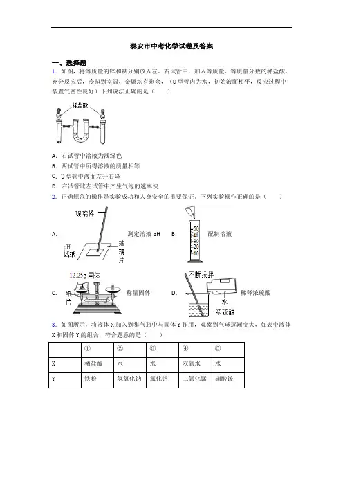 泰安市中考化学试卷及答案