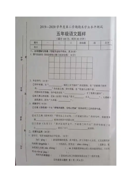 山东省菏泽市定陶区语文五年级第二学期期末学业水平测试 2019-2020学年(人教部编版,含答案)