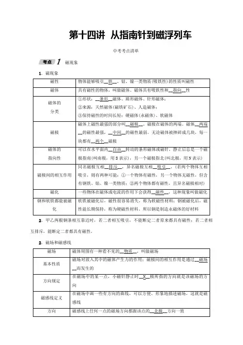 中考物理复习第14讲从指南针到磁浮列车(初中中考学习材料含答案)