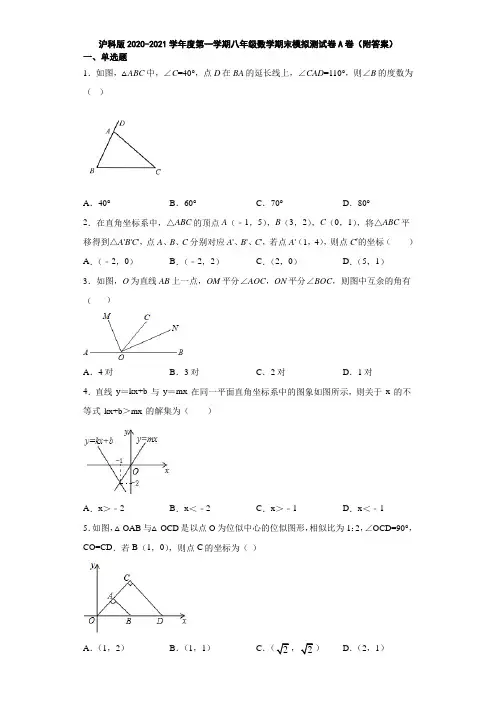 沪科版2020-2021学年度第一学期八年级数学期末模拟测试卷A卷(附答案)