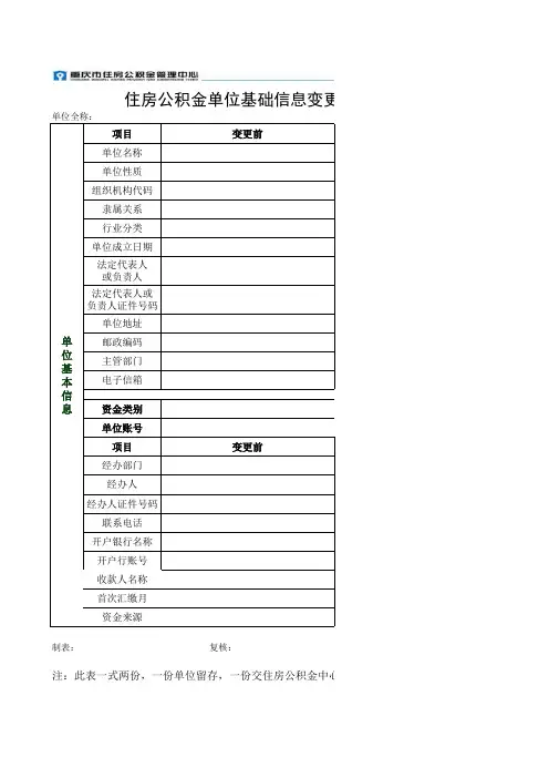 住房公积金单位基础信息变更申请表(回执)