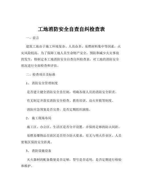 工地消防安全自查自纠检查表