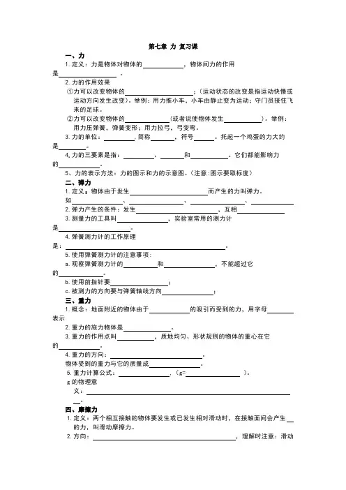 教科版八年级物理下册第七章力复习习题课