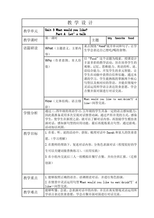 Unit3Whatwouldyoulike_PartALet’stalk(教学设计)-人教PEP版英
