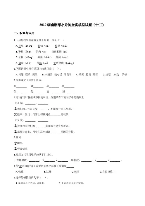六年级下册语文试题--2019湖南湘潭小升初全真模拟试题(十三) 人教新课标 含答案