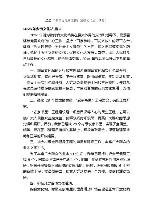 2023年乡镇文化站工作计划范文（通用5篇）