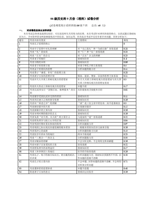06级历史科9月份(理科)试卷分析
