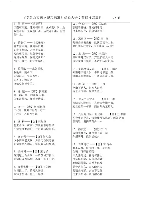 语文课程标准优秀诗文背诵推荐篇目