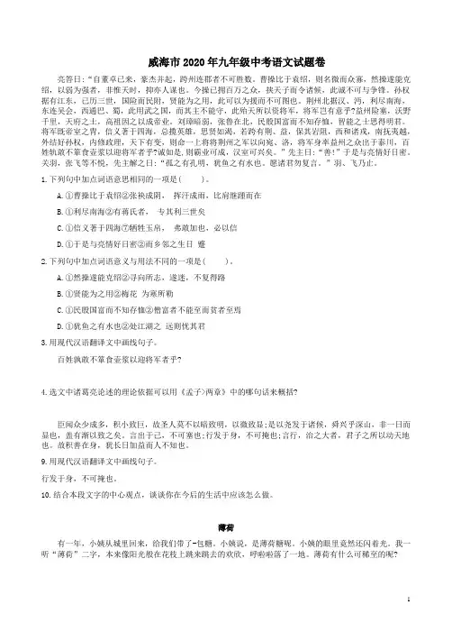 威海市2020年九年级中考语文试题卷及答案解析
