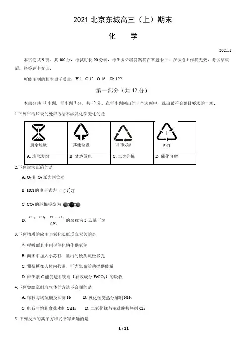 2020-2021东城区高三(上)化学期末试卷(无水印)