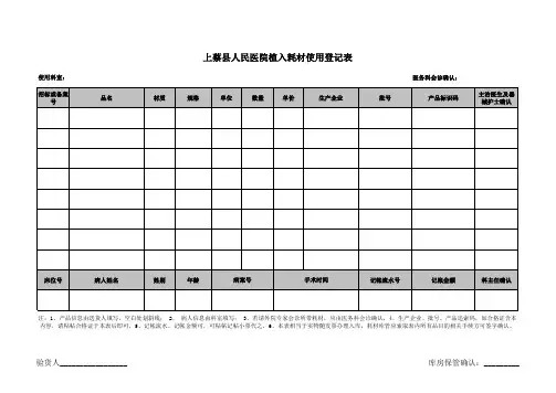 上蔡县人民医院植入耗材使用登记表