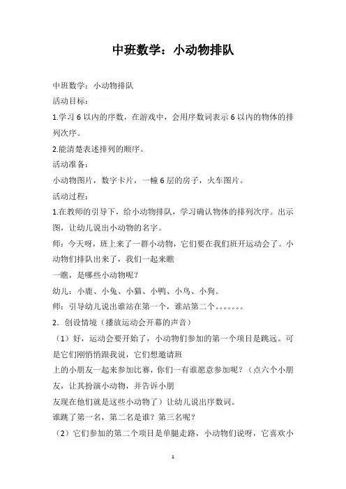 中班数学：小动物排队