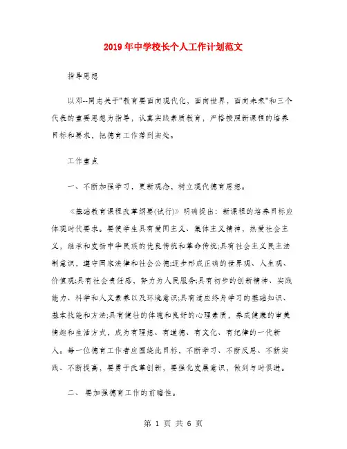 2019年中学校长个人工作计划范文